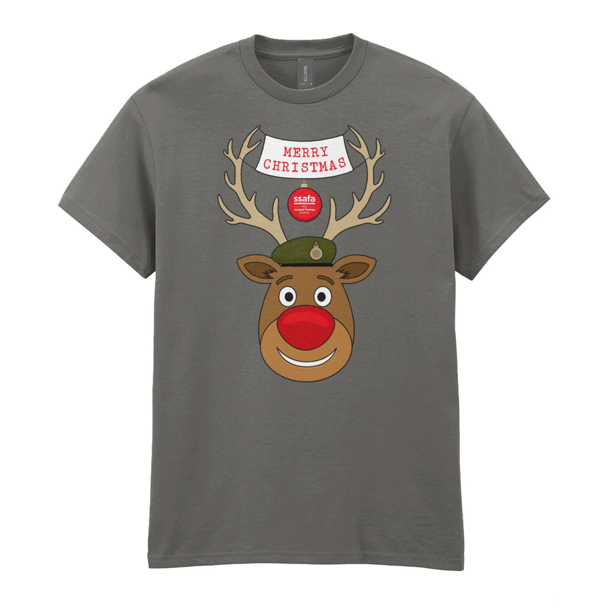 A charcoal short-sleeve crewneck t-shirt featuring a cartoon graphic of a reindeer with brown antlers, a red nose, an Army hat, and a banner that reads 'MERRY CHRISTMAS'.