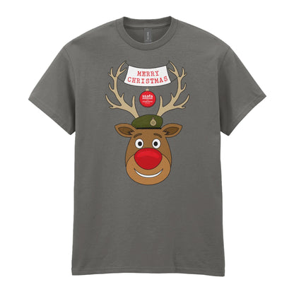 A charcoal short-sleeve crewneck t-shirt featuring a cartoon graphic of a reindeer with brown antlers, a red nose, an Army hat, and a banner that reads 'MERRY CHRISTMAS'.