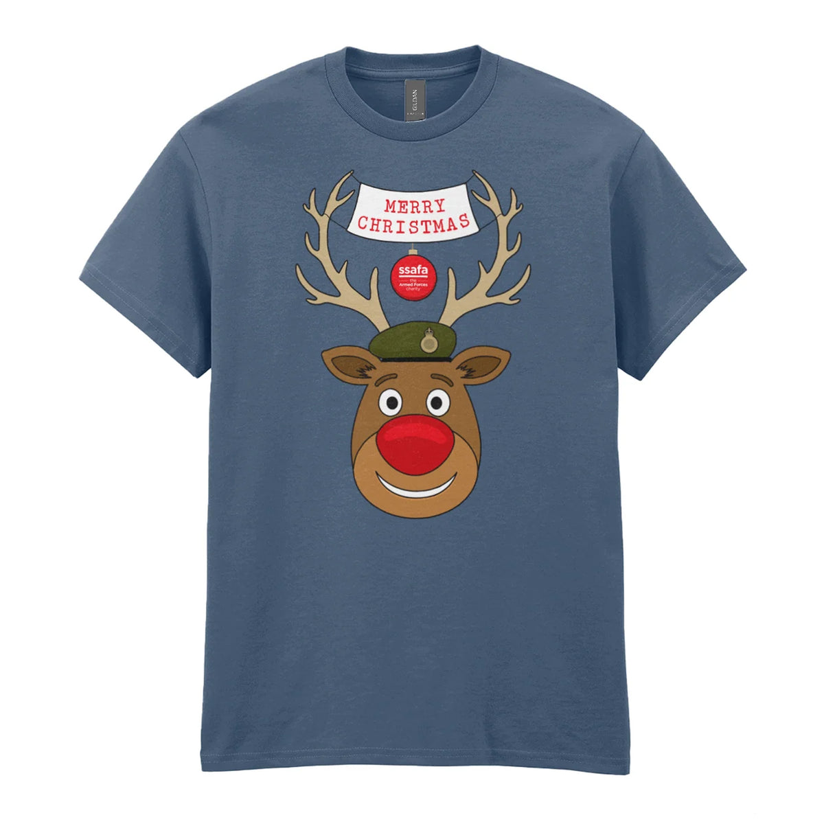 A indigo blue short-sleeve crewneck t-shirt featuring a cartoon graphic of a reindeer with brown antlers, a red nose, an Army hat, and a banner that reads 'MERRY CHRISTMAS'.