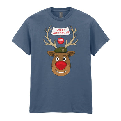 A indigo blue short-sleeve crewneck t-shirt featuring a cartoon graphic of a reindeer with brown antlers, a red nose, an Army hat, and a banner that reads 'MERRY CHRISTMAS'.