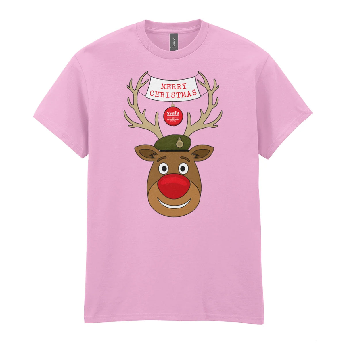 A light pink short-sleeve crewneck t-shirt featuring a cartoon graphic of a reindeer with brown antlers, a red nose, an Army hat, and a banner that reads 'MERRY CHRISTMAS'.