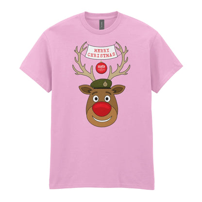 A light pink short-sleeve crewneck t-shirt featuring a cartoon graphic of a reindeer with brown antlers, a red nose, an Army hat, and a banner that reads 'MERRY CHRISTMAS'.