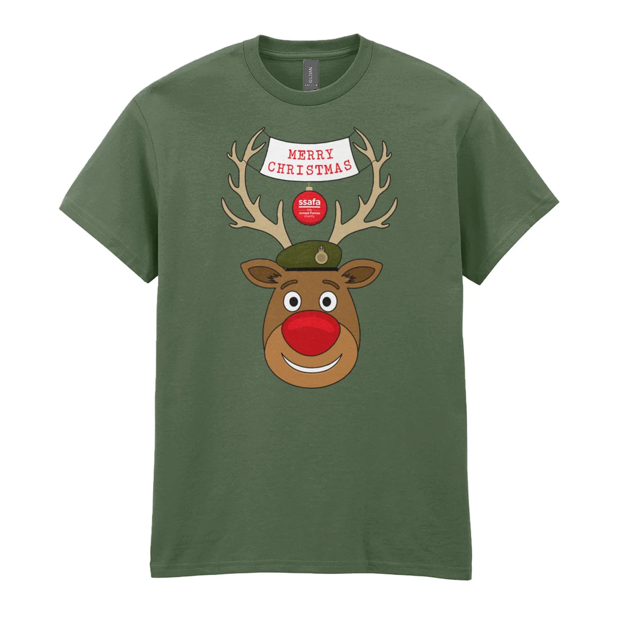 A military green short-sleeve crewneck t-shirt featuring a cartoon graphic of a reindeer with brown antlers, a red nose, an Army hat, and a banner that reads 'MERRY CHRISTMAS'.