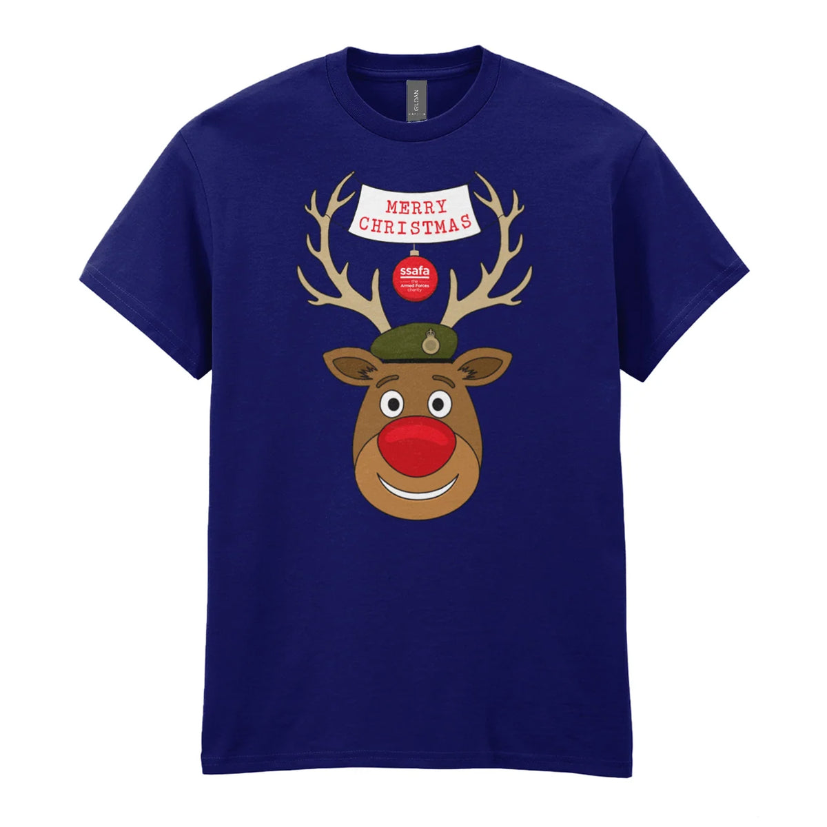A navy short-sleeve crewneck t-shirt featuring a cartoon graphic of a reindeer with brown antlers, a red nose, an Army hat, and a banner that reads 'MERRY CHRISTMAS'.