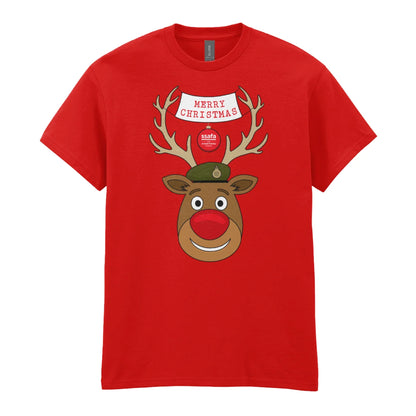 A red short-sleeve crewneck t-shirt featuring a cartoon graphic of a reindeer with brown antlers, a red nose, an Army hat, and a banner that reads 'MERRY CHRISTMAS'.