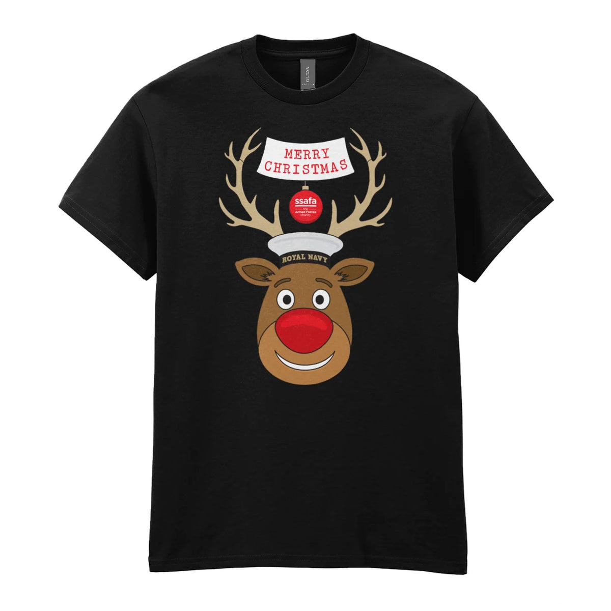 A black short-sleeve crewneck t-shirt featuring a cartoon graphic of a reindeer with brown antlers, a red nose, wearing a Royal Navy pork pie hat. A banner reads 'MERRY CHRISTMAS'.