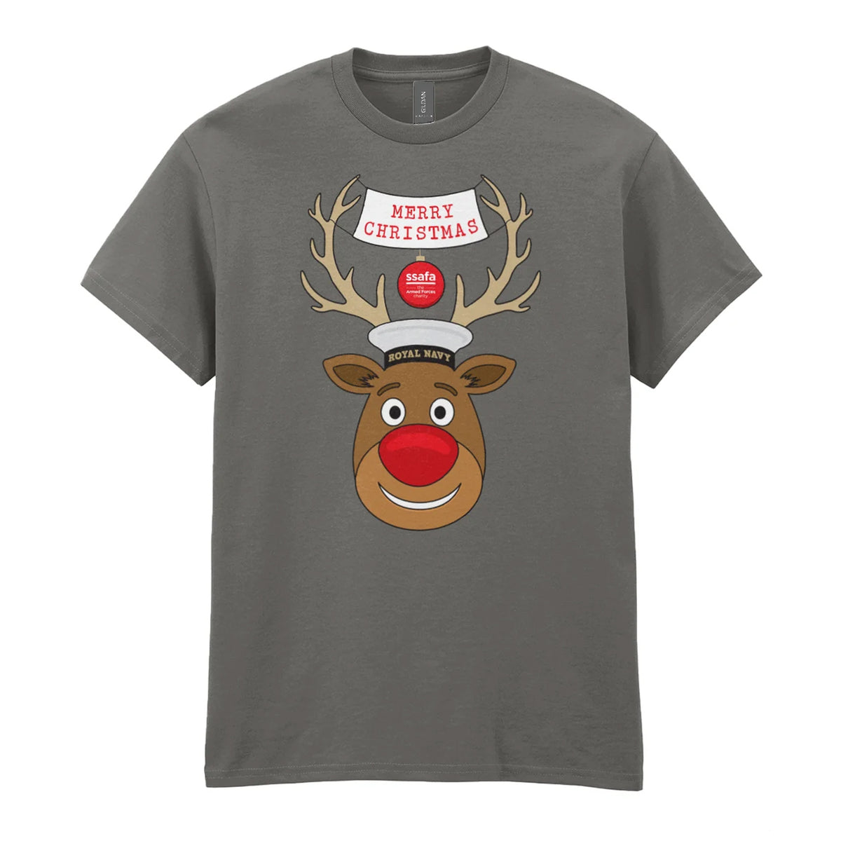 A charcoal short-sleeve crewneck t-shirt featuring a cartoon graphic of a reindeer with brown antlers, a red nose, wearing a Royal Navy pork pie hat. A banner reads 'MERRY CHRISTMAS'.