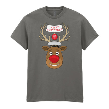 A charcoal short-sleeve crewneck t-shirt featuring a cartoon graphic of a reindeer with brown antlers, a red nose, wearing a Royal Navy pork pie hat. A banner reads 'MERRY CHRISTMAS'.