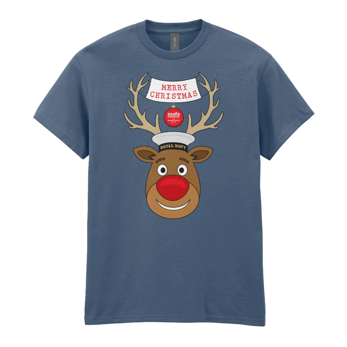 An indigo blue short-sleeve crewneck t-shirt featuring a cartoon graphic of a reindeer with brown antlers, a red nose, wearing a Royal Navy pork pie hat. A banner reads 'MERRY CHRISTMAS'. 