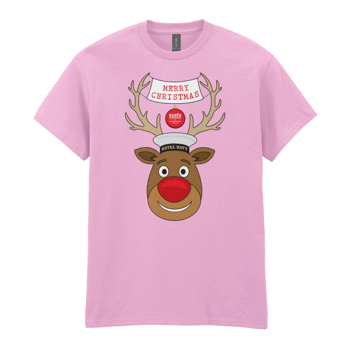 A light pink short-sleeve crewneck t-shirt featuring a cartoon graphic of a reindeer with brown antlers, a red nose, wearing a Royal Navy pork pie hat. A banner reads 'MERRY CHRISTMAS'.