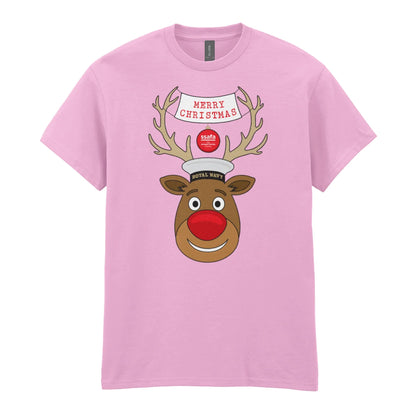 A light pink short-sleeve crewneck t-shirt featuring a cartoon graphic of a reindeer with brown antlers, a red nose, wearing a Royal Navy pork pie hat. A banner reads 'MERRY CHRISTMAS'.