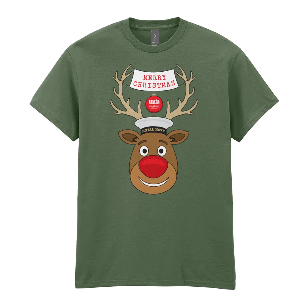 A military green short-sleeve crewneck t-shirt featuring a cartoon graphic of a reindeer with brown antlers, a red nose, wearing a Royal Navy pork pie hat. A banner reads 'MERRY CHRISTMAS'.