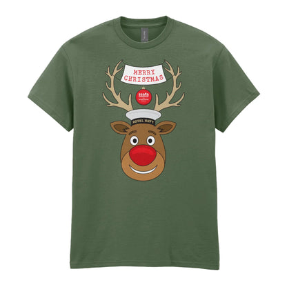 A military green short-sleeve crewneck t-shirt featuring a cartoon graphic of a reindeer with brown antlers, a red nose, wearing a Royal Navy pork pie hat. A banner reads 'MERRY CHRISTMAS'.