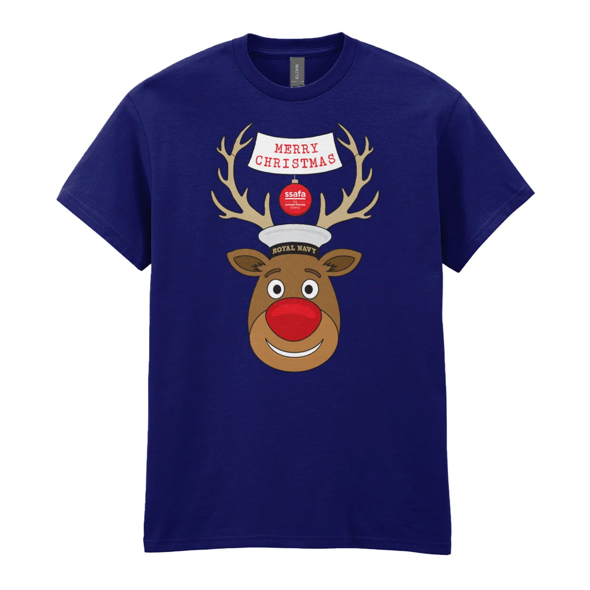 A navy short-sleeve crewneck t-shirt featuring a cartoon graphic of a reindeer with brown antlers, a red nose, wearing a Royal Navy pork pie hat. A banner reads 'MERRY CHRISTMAS'.