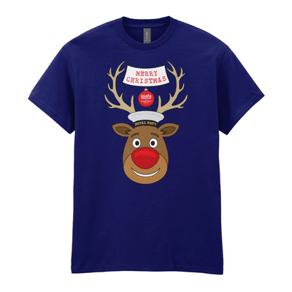 A navy short-sleeve crewneck t-shirt featuring a cartoon graphic of a reindeer with brown antlers, a red nose, wearing a Royal Navy pork pie hat. A banner reads 'MERRY CHRISTMAS'.
