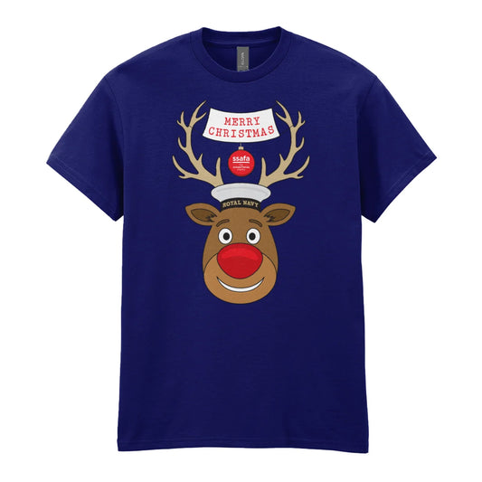 A navy short-sleeve crewneck t-shirt featuring a cartoon graphic of a reindeer with brown antlers, a red nose, wearing a Royal Navy pork pie hat. A banner reads 'MERRY CHRISTMAS'.