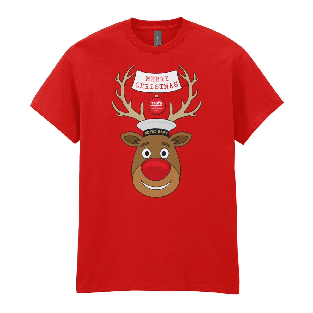 A red short-sleeve crewneck t-shirt featuring a cartoon graphic of a reindeer with brown antlers, a red nose, wearing a Royal Navy pork pie hat. A banner reads 'MERRY CHRISTMAS'.