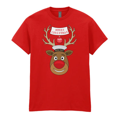 A red short-sleeve crewneck t-shirt featuring a cartoon graphic of a reindeer with brown antlers, a red nose, wearing a Royal Navy pork pie hat. A banner reads 'MERRY CHRISTMAS'.