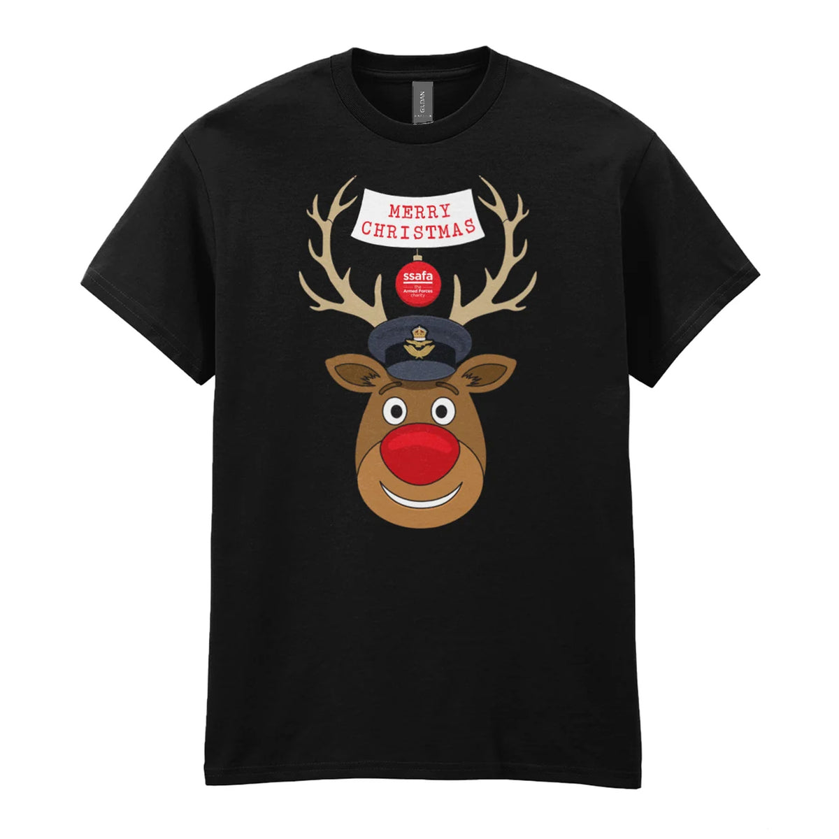 A black short-sleeve crewneck t-shirt featuring a cartoon graphic of a reindeer with brown antlers, a red nose, wearing a Royal Air Force (RAF) Officer's Peaked Cap. A banner reads 'MERRY CHRISTMAS'.