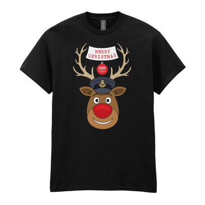 A black short-sleeve crewneck t-shirt featuring a cartoon graphic of a reindeer with brown antlers, a red nose, wearing a Royal Air Force (RAF) Officer's Peaked Cap. A banner reads 'MERRY CHRISTMAS'.