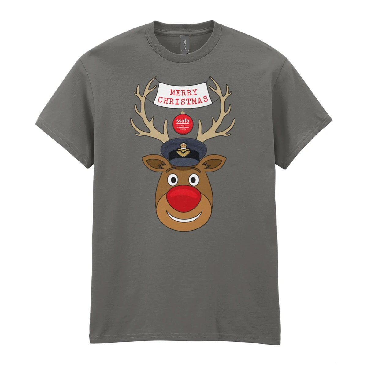 A charcoal short-sleeve crewneck t-shirt featuring a cartoon graphic of a reindeer with brown antlers, a red nose, wearing a Royal Air Force (RAF) Officer's Peaked Cap. A banner reads 'MERRY CHRISTMAS'.