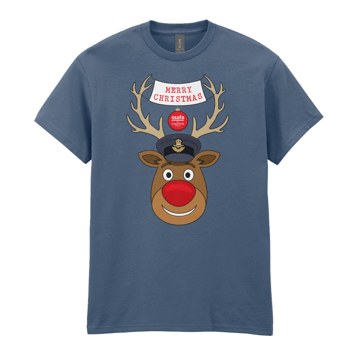 An indigo blue short-sleeve crewneck t-shirt featuring a cartoon graphic of a reindeer with brown antlers, a red nose, wearing a Royal Air Force (RAF) Officer's Peaked Cap. A banner reads 'MERRY CHRISTMAS'.