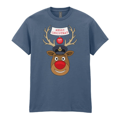 An indigo blue short-sleeve crewneck t-shirt featuring a cartoon graphic of a reindeer with brown antlers, a red nose, wearing a Royal Air Force (RAF) Officer's Peaked Cap. A banner reads 'MERRY CHRISTMAS'.