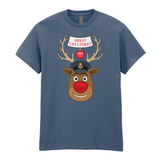 An indigo blue short-sleeve crewneck t-shirt featuring a cartoon graphic of a reindeer with brown antlers, a red nose, wearing a Royal Air Force (RAF) Officer's Peaked Cap. A banner reads 'MERRY CHRISTMAS'.