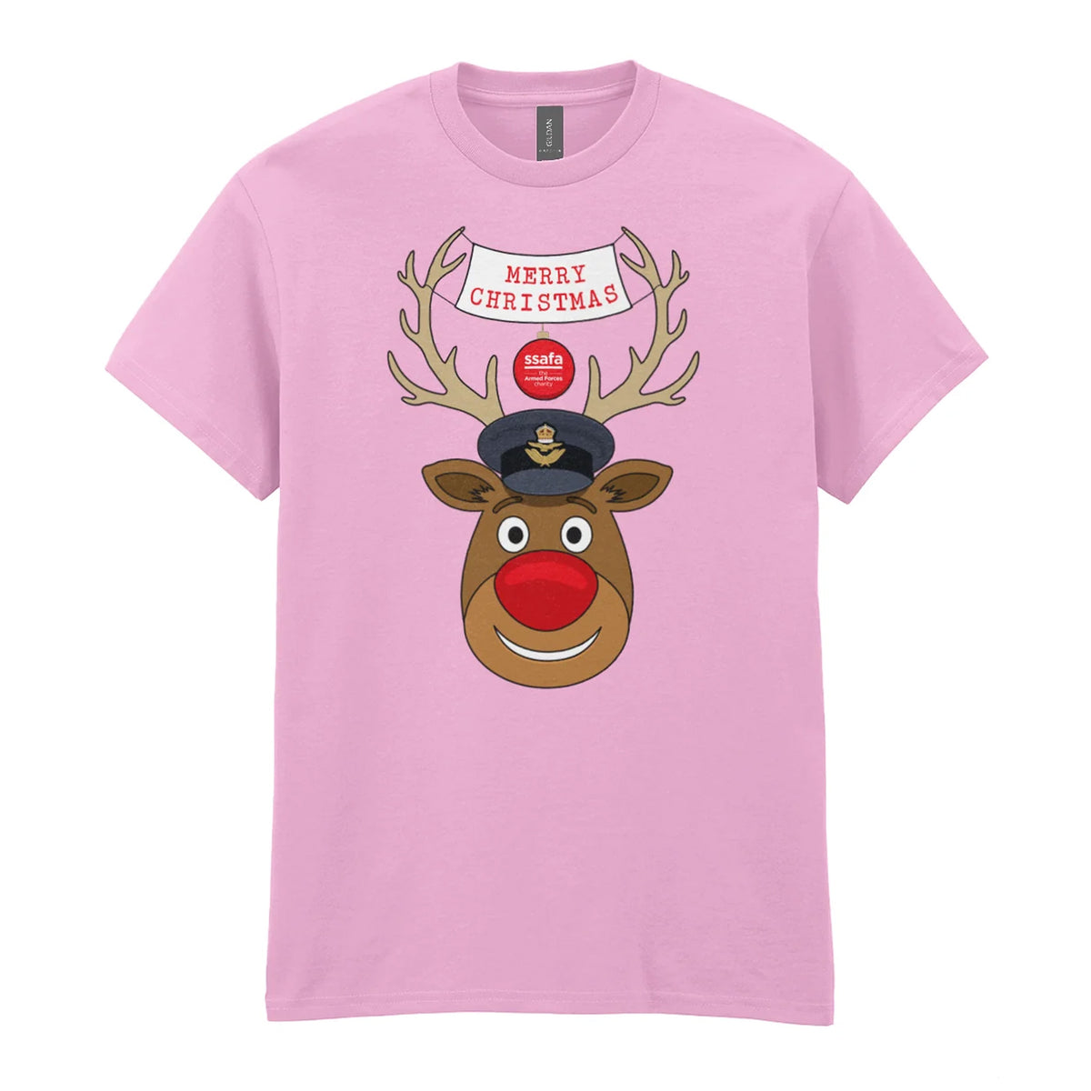 A pink short-sleeve crewneck t-shirt featuring a cartoon graphic of a reindeer with brown antlers, a red nose, wearing a Royal Air Force (RAF) Officer's Peaked Cap. A banner reads 'MERRY CHRISTMAS'.