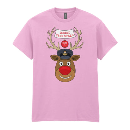 A pink short-sleeve crewneck t-shirt featuring a cartoon graphic of a reindeer with brown antlers, a red nose, wearing a Royal Air Force (RAF) Officer's Peaked Cap. A banner reads 'MERRY CHRISTMAS'.
