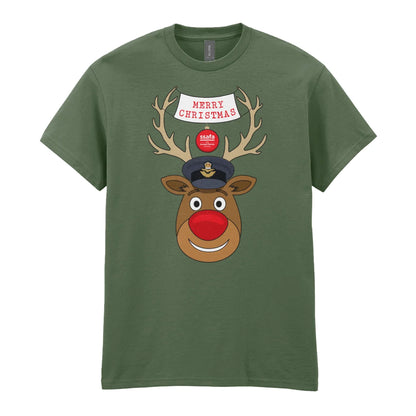 A military green short-sleeve crewneck t-shirt featuring a cartoon graphic of a reindeer with brown antlers, a red nose, wearing a Royal Air Force (RAF) Officer's Peaked Cap. A banner reads 'MERRY CHRISTMAS'. 