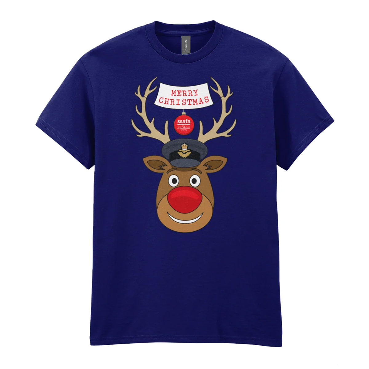 A navy short-sleeve crewneck t-shirt featuring a cartoon graphic of a reindeer with brown antlers, a red nose, wearing a Royal Air Force (RAF) Officer's Peaked Cap. A banner reads 'MERRY CHRISTMAS'.