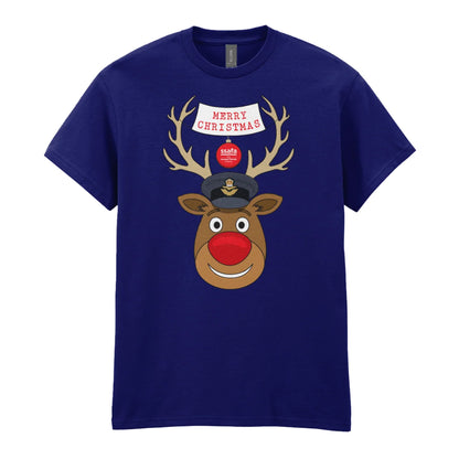A navy short-sleeve crewneck t-shirt featuring a cartoon graphic of a reindeer with brown antlers, a red nose, wearing a Royal Air Force (RAF) Officer's Peaked Cap. A banner reads 'MERRY CHRISTMAS'.