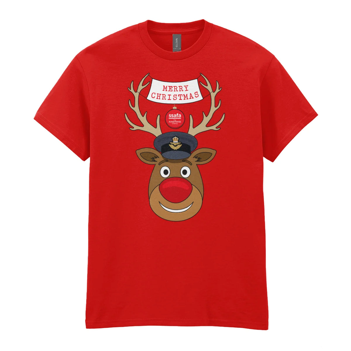 A red short-sleeve crewneck t-shirt featuring a cartoon graphic of a reindeer with brown antlers, a red nose, wearing a Royal Air Force (RAF) Officer's Peaked Cap. A banner reads 'MERRY CHRISTMAS'.