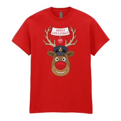 A red short-sleeve crewneck t-shirt featuring a cartoon graphic of a reindeer with brown antlers, a red nose, wearing a Royal Air Force (RAF) Officer's Peaked Cap. A banner reads 'MERRY CHRISTMAS'.