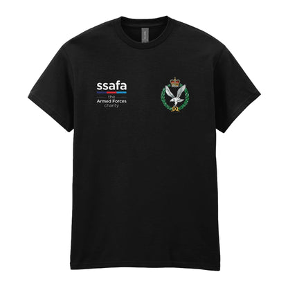 A black t-shirt showing an MOD licensed Army Air Corps (Queen's Crown) insignia to left chest and SSAFA logo to right chest.