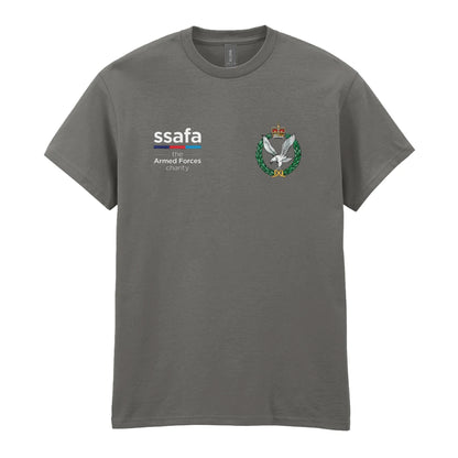 A charcoal t-shirt showing an MOD licensed Army Air Corps (Queen's Crown) insignia to left chest and SSAFA logo to right chest.