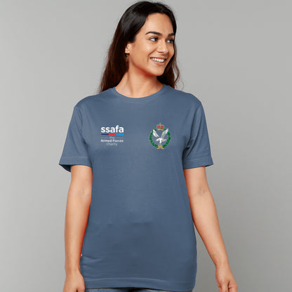 A woman wearing an indigo blue t-shirt showing an MOD licensed Army Air Corps (Queen's Crown) insignia to left chest and SSAFA logo to right chest.