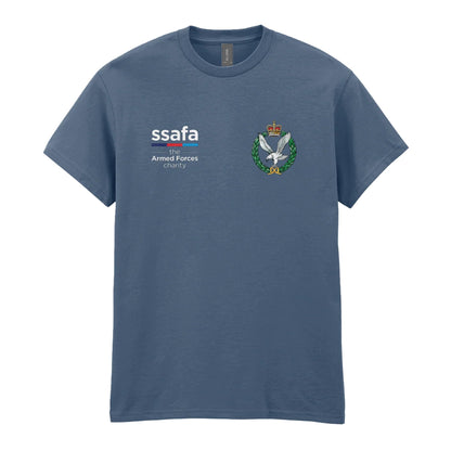An indigo blue t-shirt showing an MOD licensed Army Air Corps (Queen's Crown) insignia to left chest and SSAFA logo to right chest.
