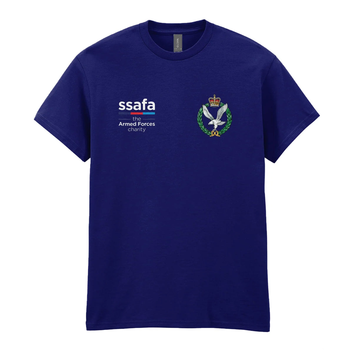 A navy t-shirt showing an MOD licensed Army Air Corps (Queen's Crown) insignia to left chest and SSAFA logo to right chest.