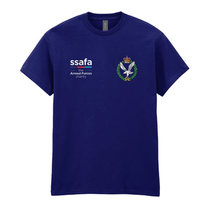 A navy t-shirt showing an MOD licensed Army Air Corps (Queen's Crown) insignia to left chest and SSAFA logo to right chest.