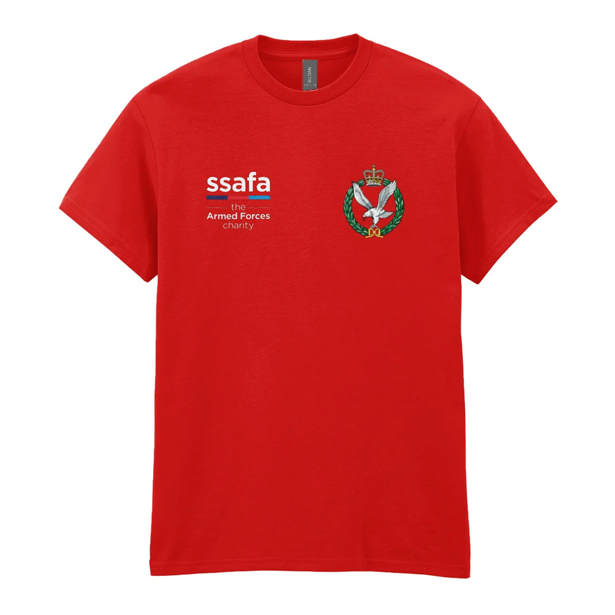 A red t-shirt showing an MOD licensed Army Air Corps (Queen's Crown) insignia to left chest and SSAFA logo to right chest.