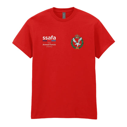 A red t-shirt showing an MOD licensed Army Air Corps (Queen's Crown) insignia to left chest and SSAFA logo to right chest.