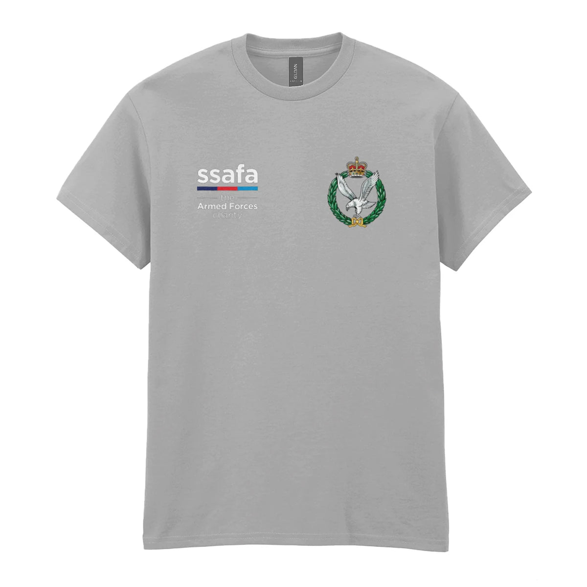 A sports grey t-shirt showing an MOD licensed Army Air Corps (Queen's Crown) insignia to left chest and SSAFA logo to right chest.