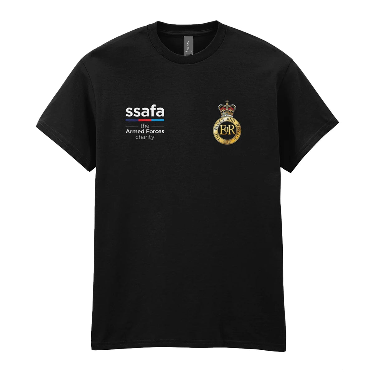 A black t-shirt showing an MOD licensed Blues and Royals (Queen's Crown) insignia to left chest and SSAFA logo to right chest.