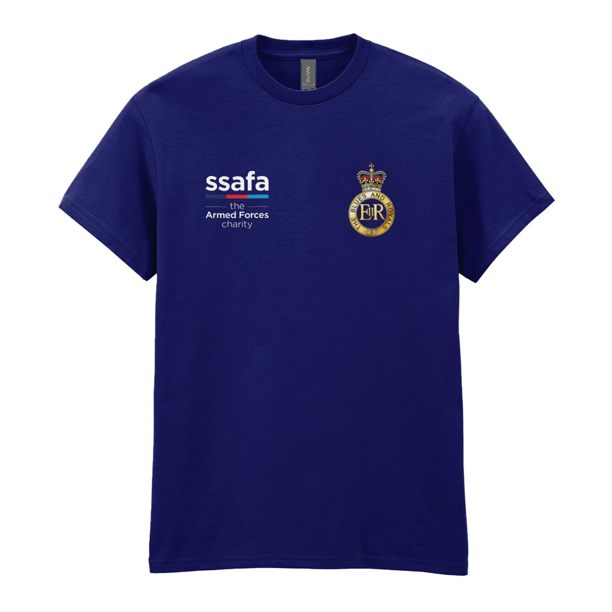 A navy t-shirt showing an MOD licensed Blues and Royals (Queen's Crown) insignia to left chest and SSAFA logo to right chest.