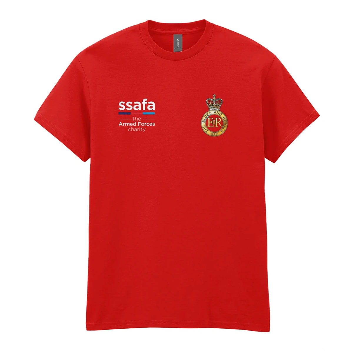A red t-shirt showing an MOD licensed Blues and Royals (Queen's Crown) insignia to left chest and SSAFA logo to right chest.