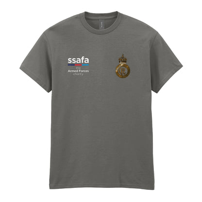 A charcoal t-shirt showing an MOD licensed Blues and Royals (King's Crown) insignia to left chest and SSAFA logo to right chest.