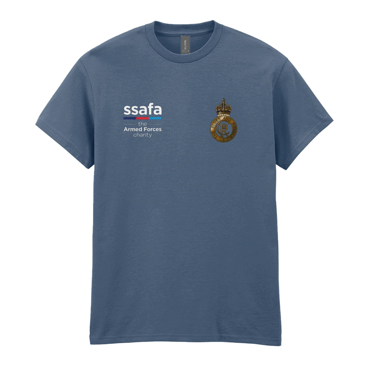 An indigo blue t-shirt showing an MOD licensed Blues and Royals (King's Crown) insignia to left chest and SSAFA logo to right chest.