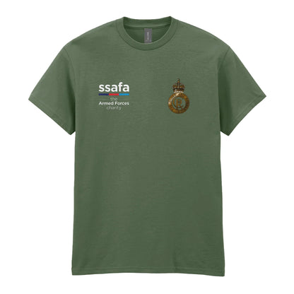 A military green t-shirt showing an MOD licensed Blues and Royals (King's Crown) insignia to left chest and SSAFA logo to right chest.